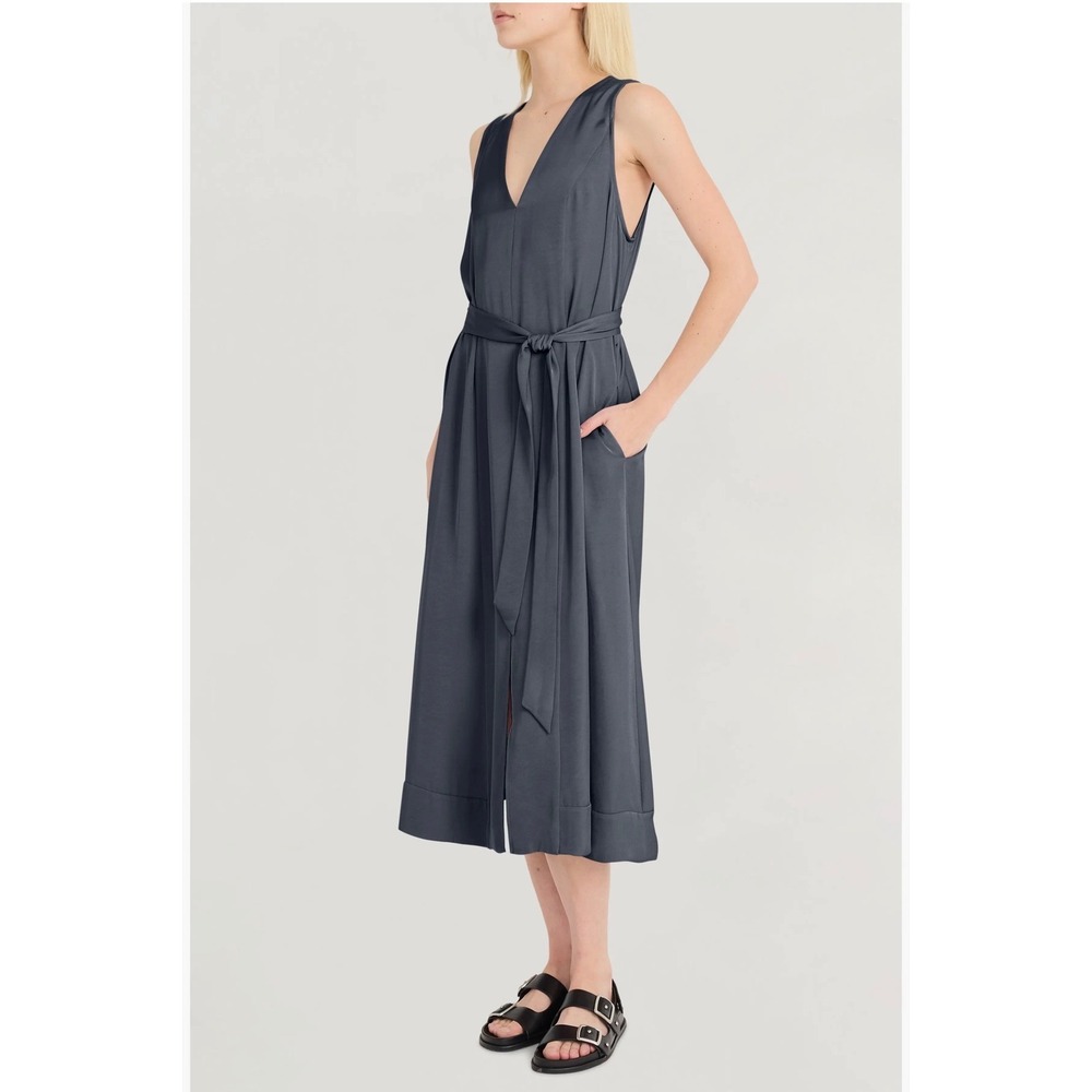 Luxely Black Sleeveless Belted V-Neck Midi Dress with Pockets and Tie Waist M